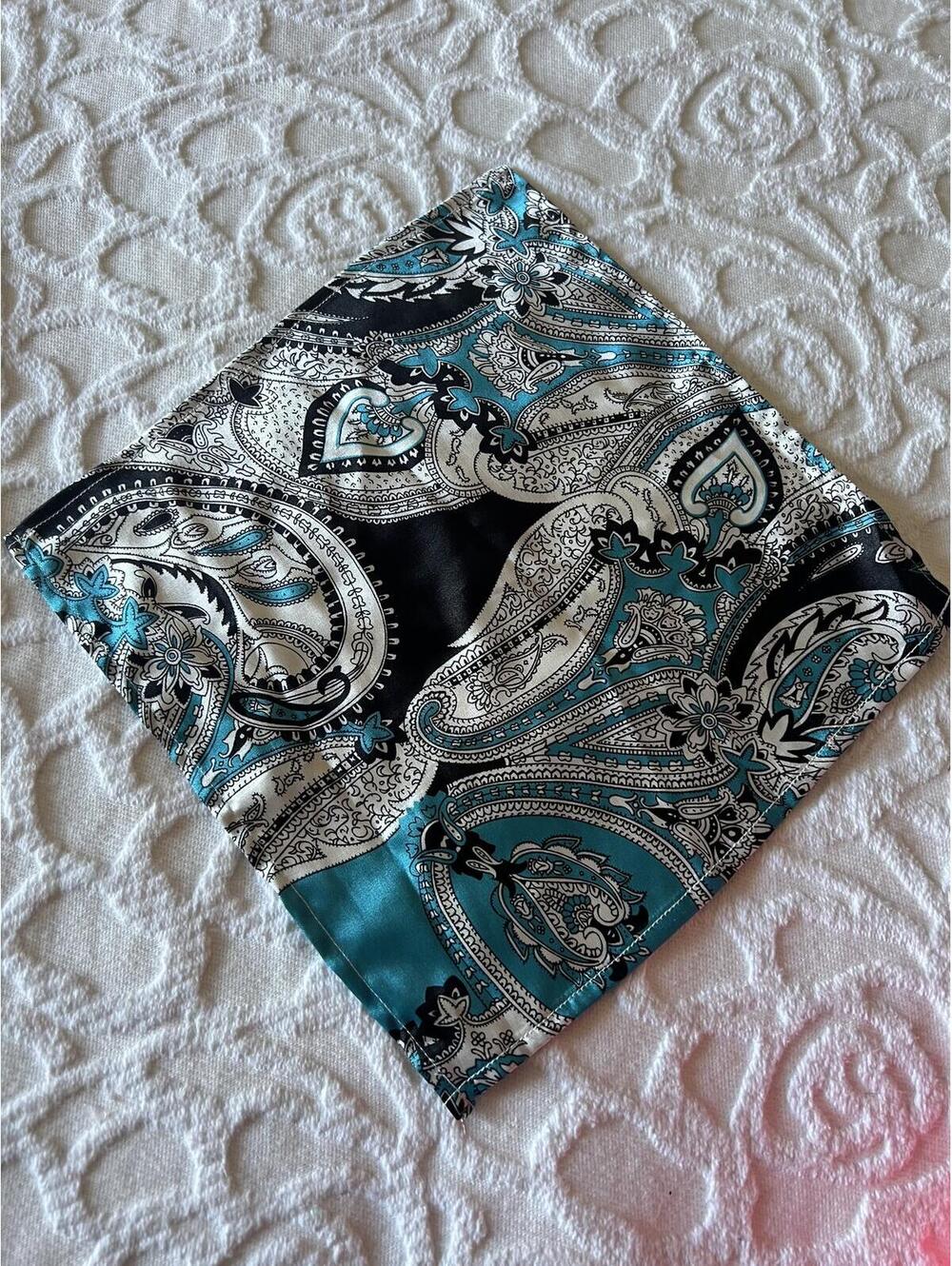 100% Silk Paisley Scarf / Pocket Square - Teal & Black 9.5"
